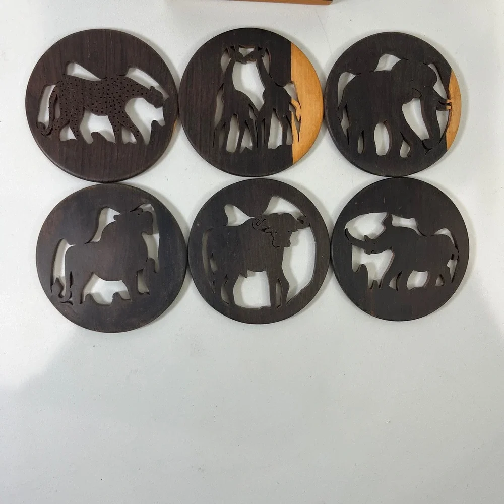 Vtg Wooden Coaster‎ Set 6pc African Safari Animals Boho Decor Jungle Tribal